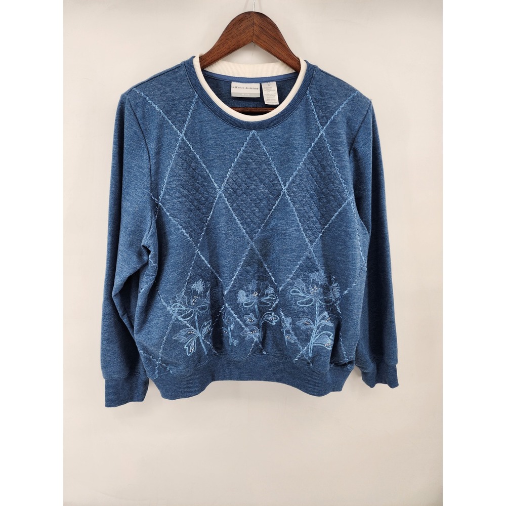 Alfred Dunner Blue Floral Embroidered Quilted Argyle Sweatshirt PL